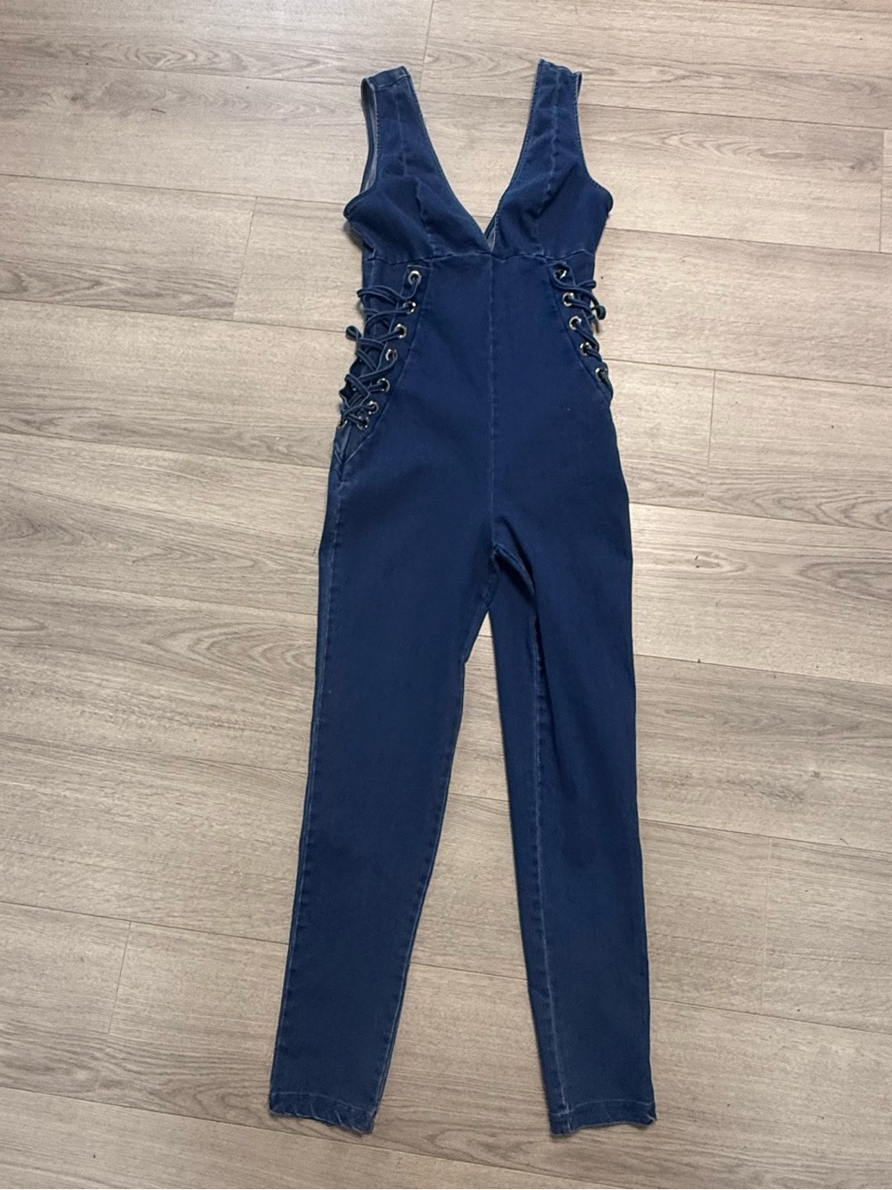 C’est Toi Denim Lace-Up V-Neck Jumpsuit Bodysuit